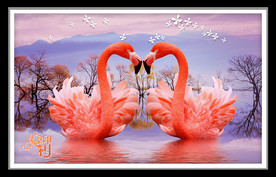 火烈鸟心心相印湖水装饰画