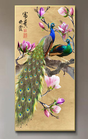 原创玄关孔雀玉兰花装饰画