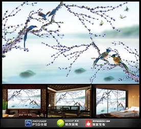 唯美新中式花鸟背景墙装饰画