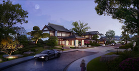 新中式大门入口夜景效果图