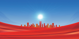 城市蓝天背景丝绸渐变红旗飘扬