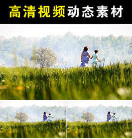 母女草地奔跑捉蝴蝶视频