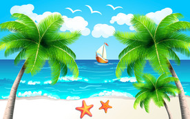 卡通海滩儿童房背景墙