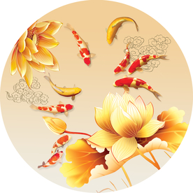 新中式圆形荷花九鱼装饰画