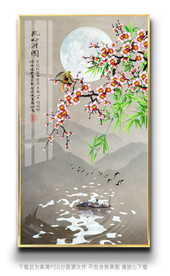 中式复古花鸟山水画玄关背景墙