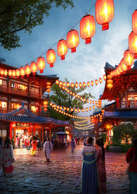 江南古镇商业街夜景效果图