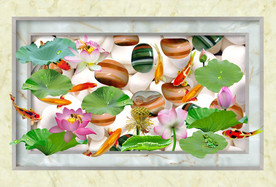 原创荷花鲤鱼鹅卵石装饰画