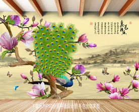 原创高清孔雀玉兰装饰画背景墙