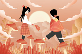 小女孩蘑菇地插画