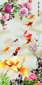 荷花九鱼图玄关画