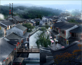 江南水乡雨景效果图
