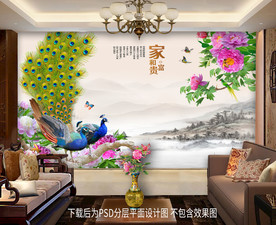 原创孔雀牡丹山水画背景墙