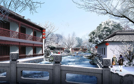 中式古建庭院雪景效果图