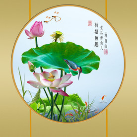 原创高清荷花翠鸟圆型装饰画