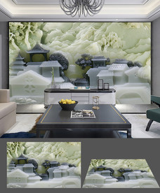 中式立体风景玉雕电视背景墙