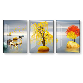 石来运转发财树三联装饰画