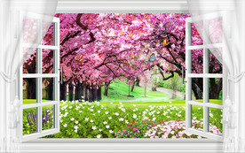 窗外桃园画中画电视背景墙