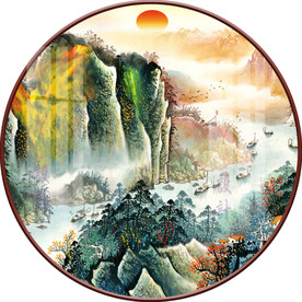 新中式意境山水圆形装饰画图片