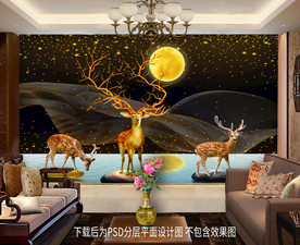 原创梅花鹿圆月彩带背景墙装饰画