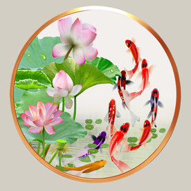 原创圆型荷花鲤鱼装饰画壁画