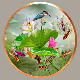 原创荷花鲤鱼翠鸟圆型装饰画