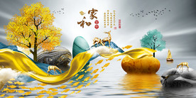 石来运转麋鹿山水抽象晶瓷装饰画