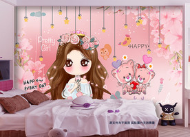 可爱女孩浪漫粉色儿童房背景墙