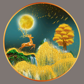 原创圆型梅花鹿发财树装饰画