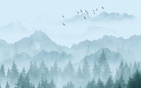 迷雾松林山水画背景墙