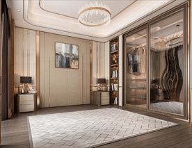 极简现代卧室背景墙3D场景空景