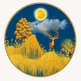 原创圆型梅花鹿发财树装饰画