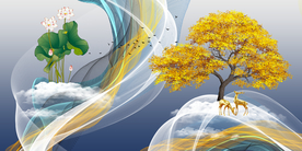 线条发财树三联晶瓷画