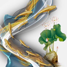 荷花九鱼图晶瓷画