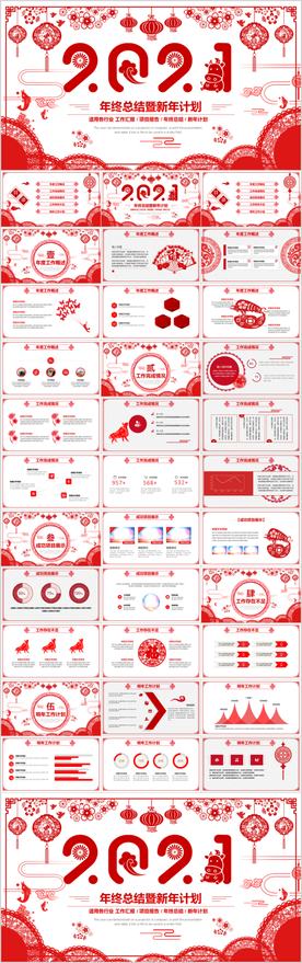 剪纸牛年2021年终总结PPT