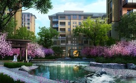 新中式住宅区景观效果图