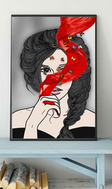 现代轻奢红丝绸美女少女装饰画