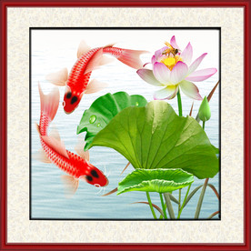 原创高清鲤鱼荷花装饰画