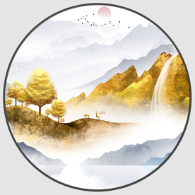 金色山水圆形挂画