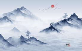新中式蓝色水墨山水风景背景墙