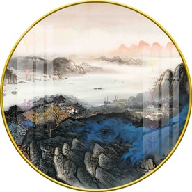新中式意境山水圆形装饰画图片