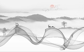 新中式抽象水墨麋鹿山水背景墙