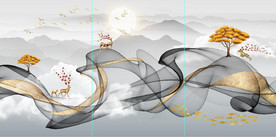 新中式抽象飘带山水麋鹿装饰画