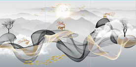 新中式抽象飘带山水麋鹿装饰画