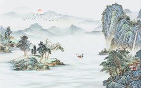 新中式古代水墨山水国画壁画