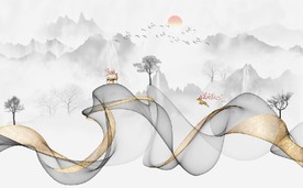 新中式抽象金色水墨山水背景墙