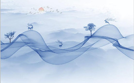 新中式抽象水墨麋鹿山水背景墙