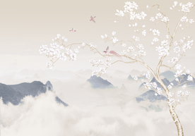 中式玉兰花花鸟禅意山水画