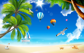 蓝天白云沙滩椰子树