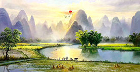 牛群田园风光山水风景画