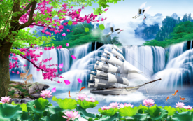 一帆风顺瀑布帆船背景墙装饰画